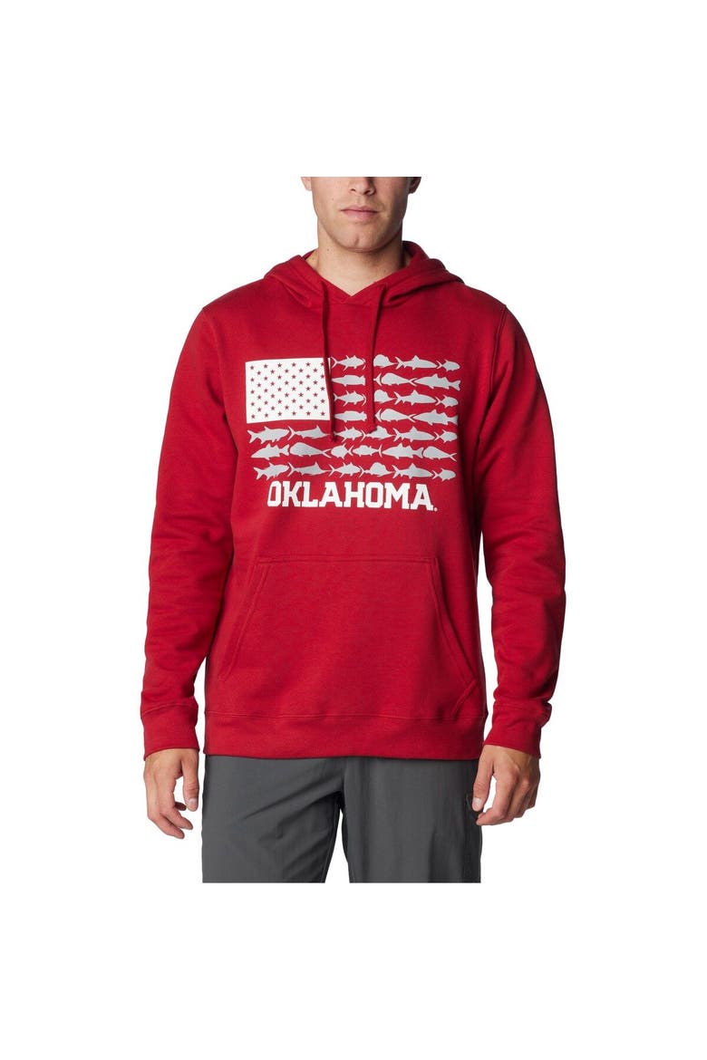 Men's Columbia Crimson Oklahoma Sooners PFG Fish Flag II Pullover Hoodie, Main, color, Crimson