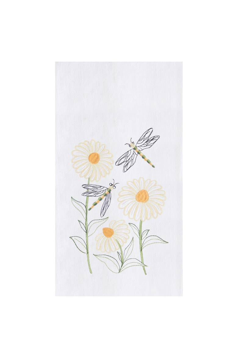 Dragonflies & Daisies Embroidered Cotton Flour Sack Kitchen Dishtowel, Main, color, Yellow