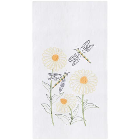 Dragonflies & Daisies Embroidered Cotton Flour Sack Kitchen Dishtowel