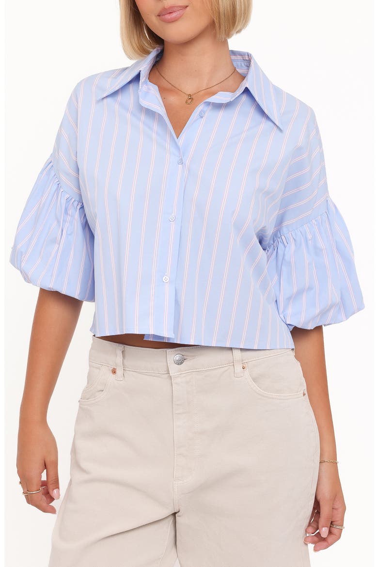 Zella Stripe Puff Sleeve Cotton Button-Up Shirt, Main, color, BLUE WHITE STRIPE