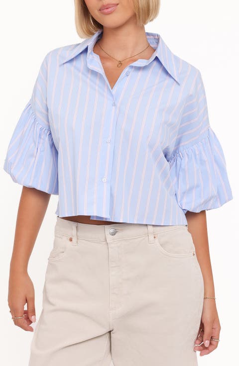 Zella Stripe Puff Sleeve Cotton Button-Up Shirt