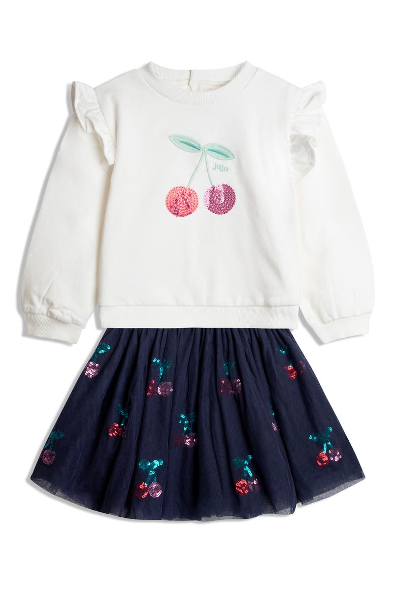 Kids' Cherry Embroidered Cotton Sweatshirt & Skirt Set, Main, color, NAVY