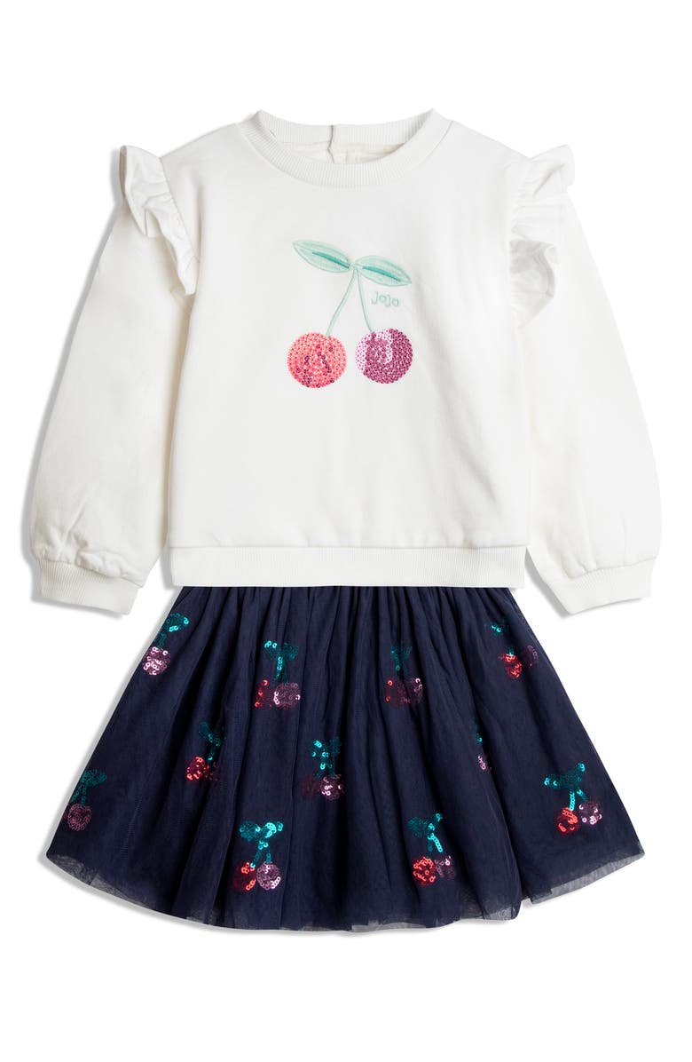 JOJO MAMAN BEBE Kids' Cherry Embroidered Cotton Sweatshirt & Skirt Set, Main, color, Navy