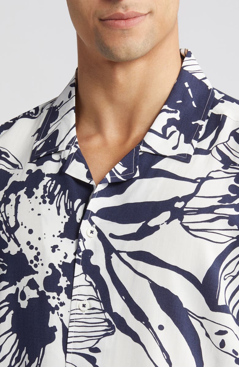 Bugatchi Julian Shaped Fit EcoVero<sup>™</sup> Abstract Floral Print Camp Shirt, Alternate, color, Navy