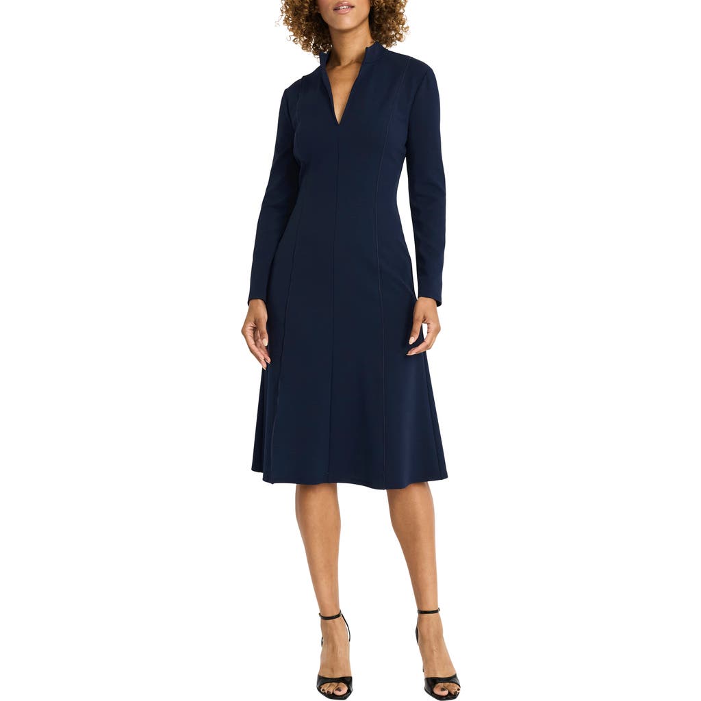 Maggy London Split Neck Long Sleeve Midi Dress in Navy Blazer