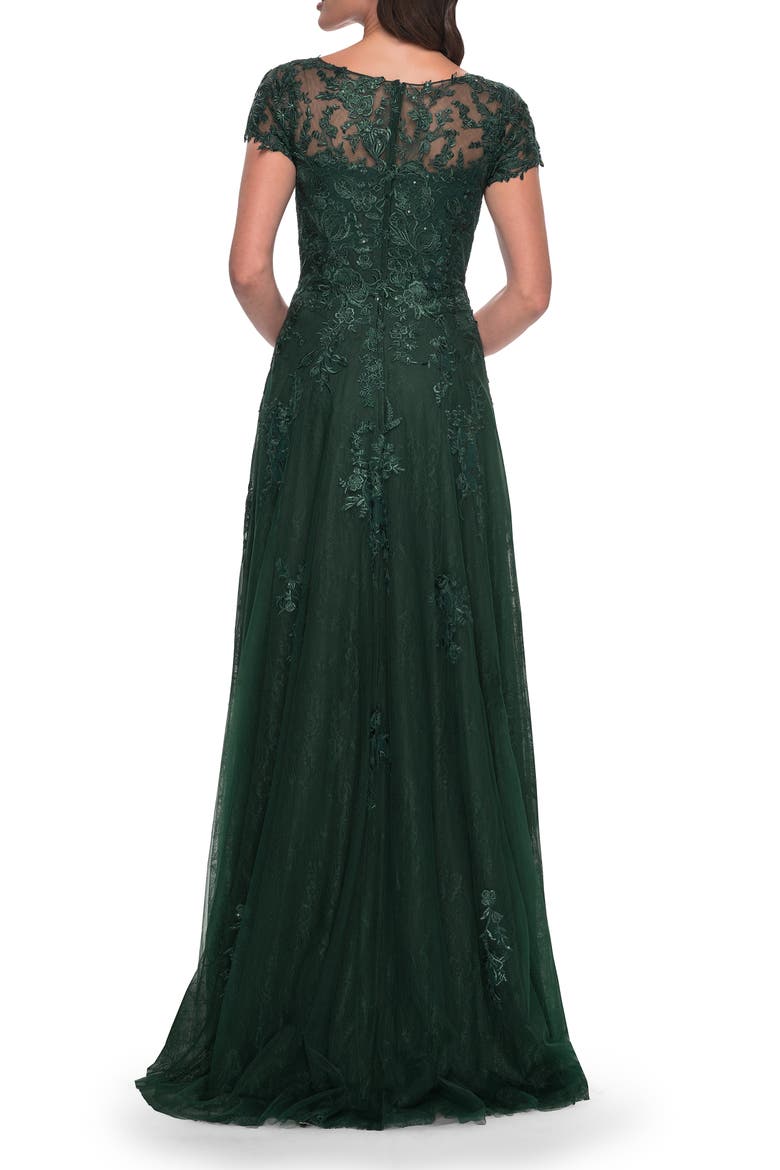 A-Line Dress with Lace Applique and Sheer Short Sleeves, Alternate, color, Emerald