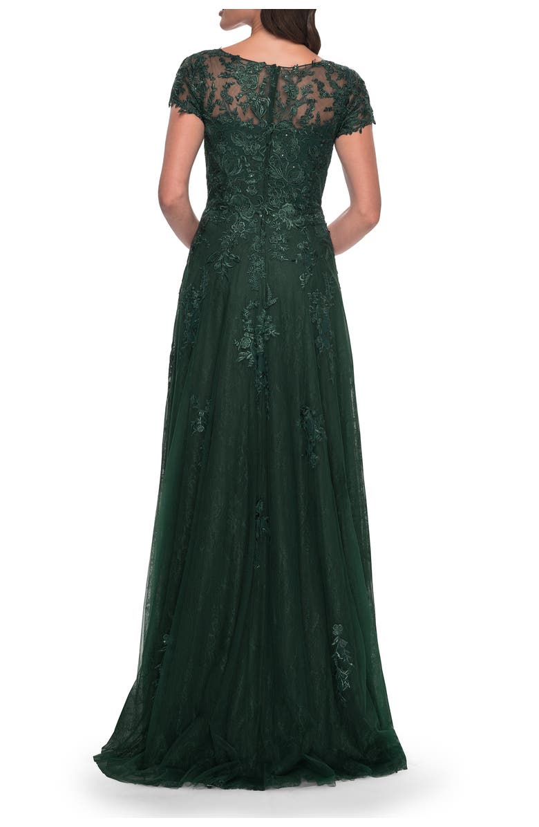La Femme A-Line Dress with Lace Applique and Sheer Short Sleeves, Alternate, color, Emerald