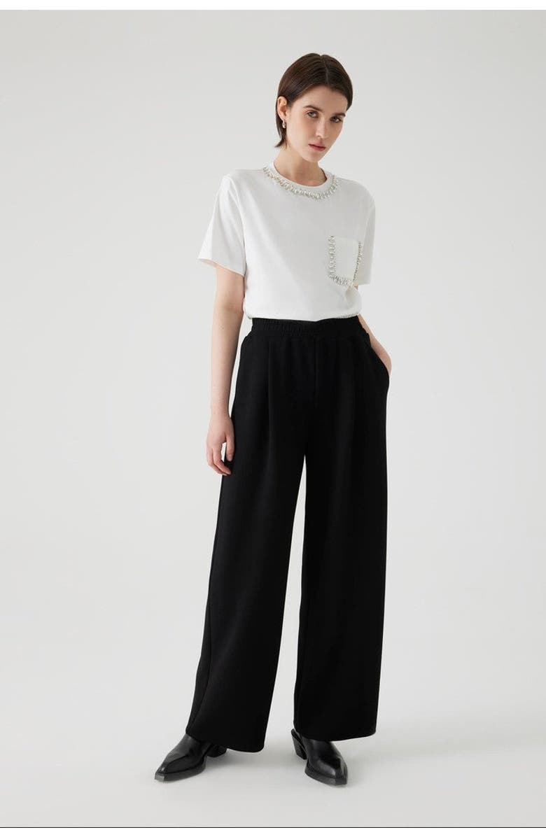 Exquise Elastic Waist Wide Leg Pants, Main, color, Black