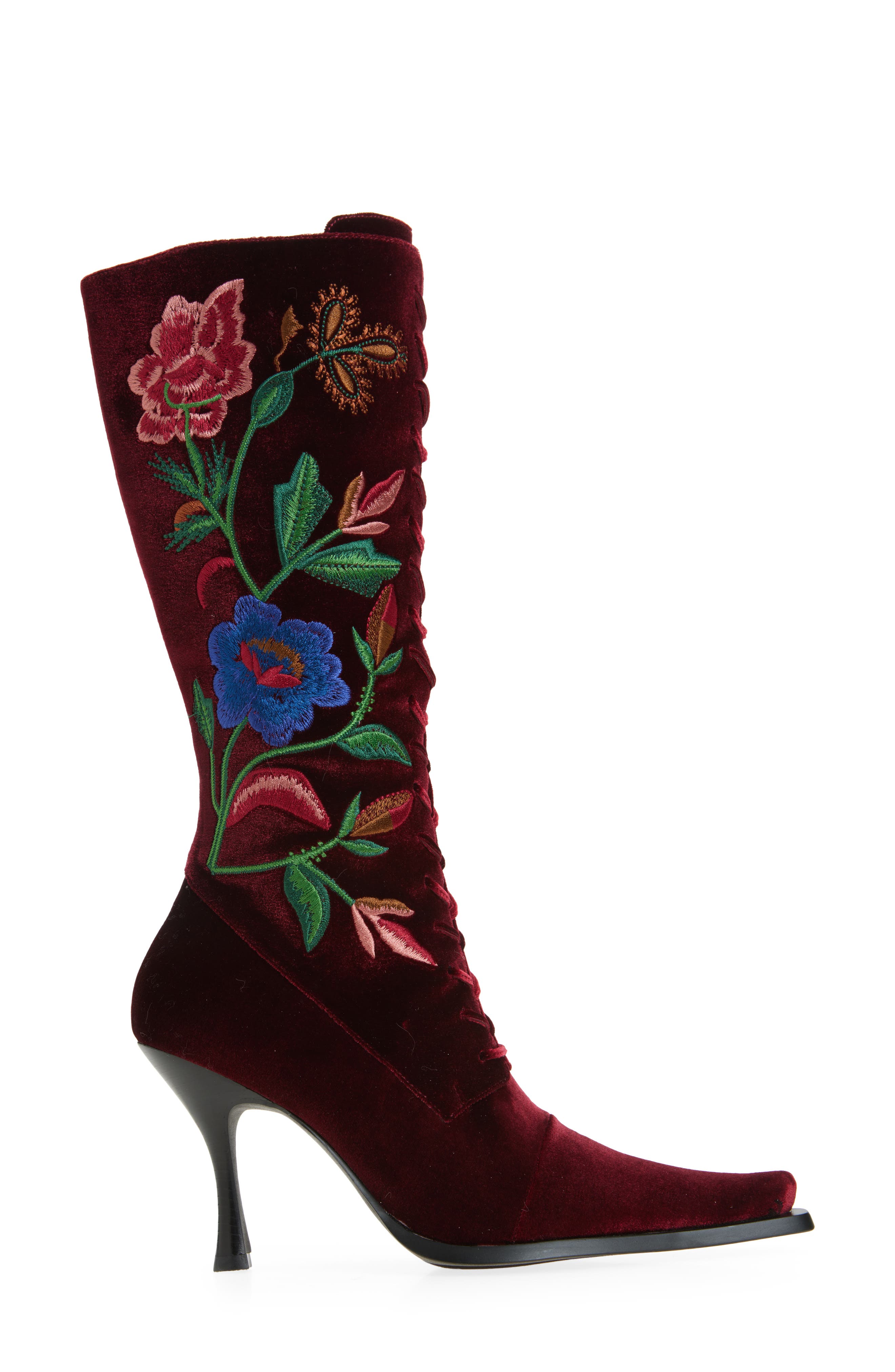 Jeffrey Campbell Joyeux Floral Lace-Up Knee High Boot, Alternate, color, Wine Velvet Floral Multi