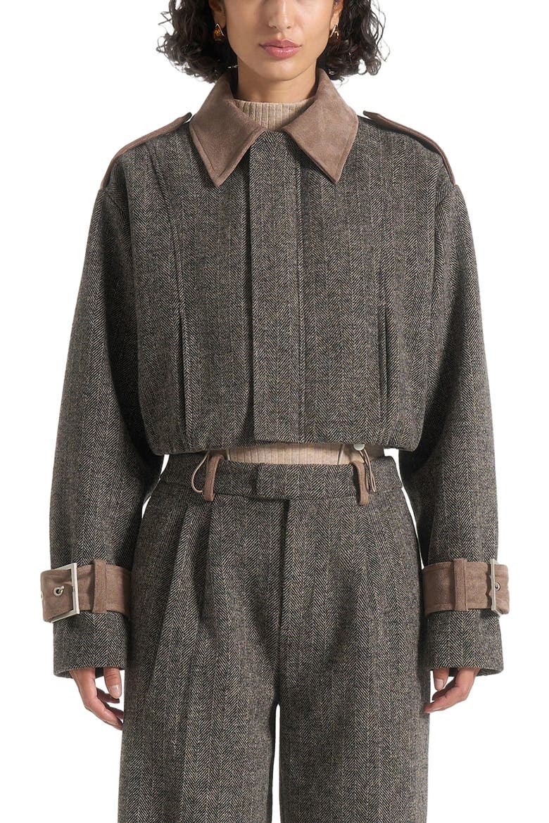 Galia Herringbone and Suede Bungee Hem Jacket, Alternate, color, Grey