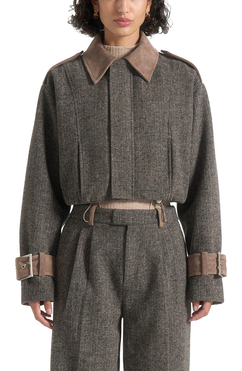 Manière De Voir Galia Herringbone and Suede Bungee Hem Jacket, Alternate, color, Grey