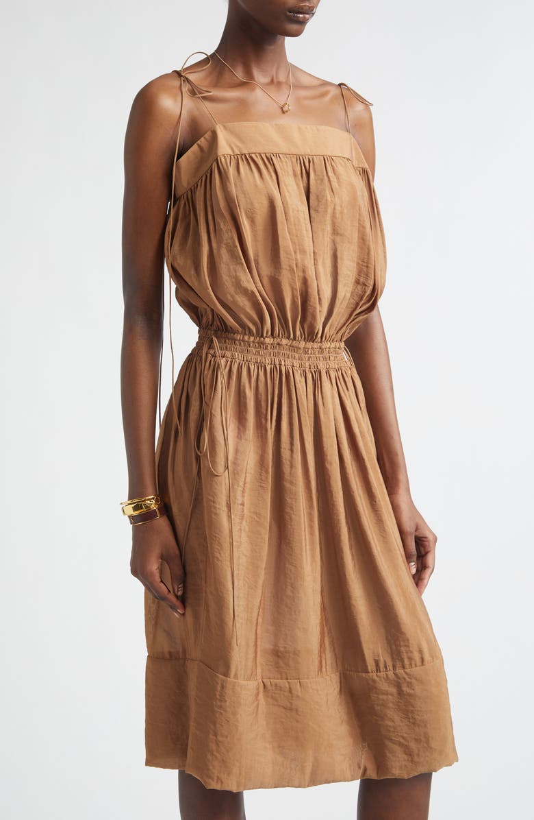 Saint Laurent Shirred Chiffon Satin Dress, Alternate, color, Caramel