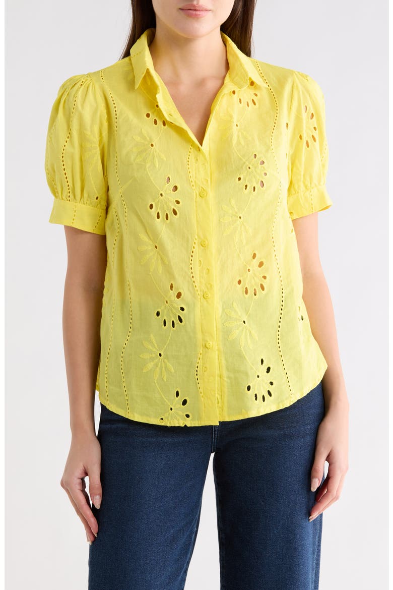 Eyelet Short Sleeve Button-Up Shirt, Main, color, YELLOW