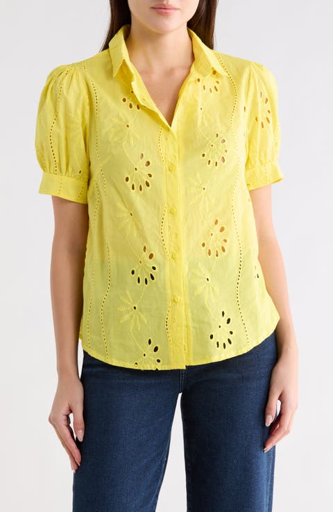 Eyelet Short Sleeve Button-Up Shirt