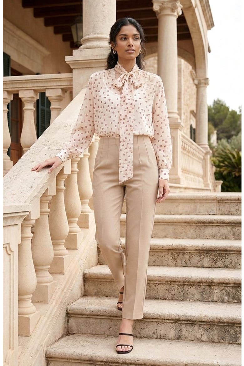 Summer Polka Dot Tie Neck Long Sleeve Blouse, Alternate, color, Red