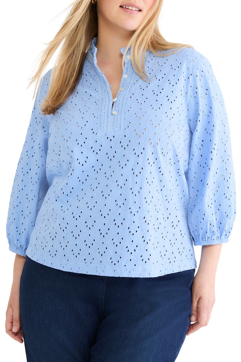 Ruffle Neck Eyelet Top, Main, color, FRENCH BLUE