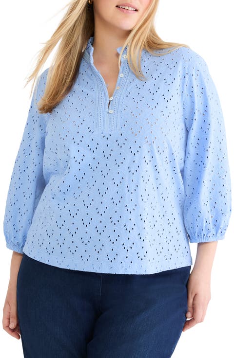Ruffle Neck Eyelet Top (Plus)
