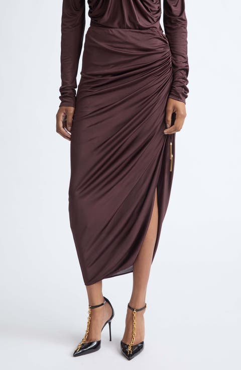 Draped Viscose Jersey Slit Midi Skirt