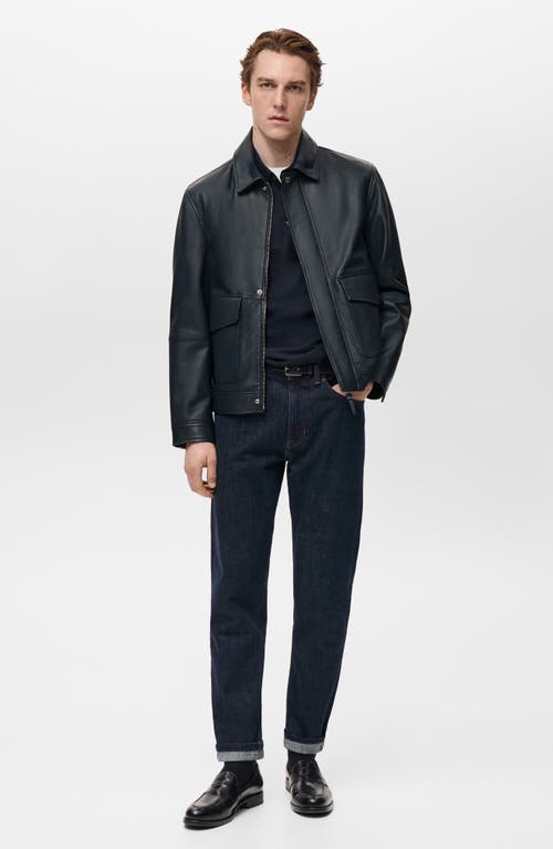 Mango Leather Jacket With Pockets In Blue