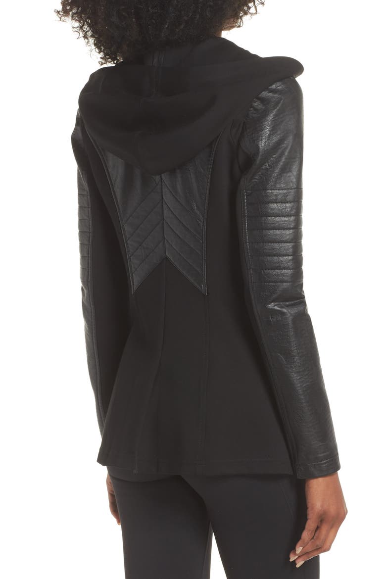 Hooded Moto Blazer with Faux Leather Sleeves, Alternate, color, BLACK