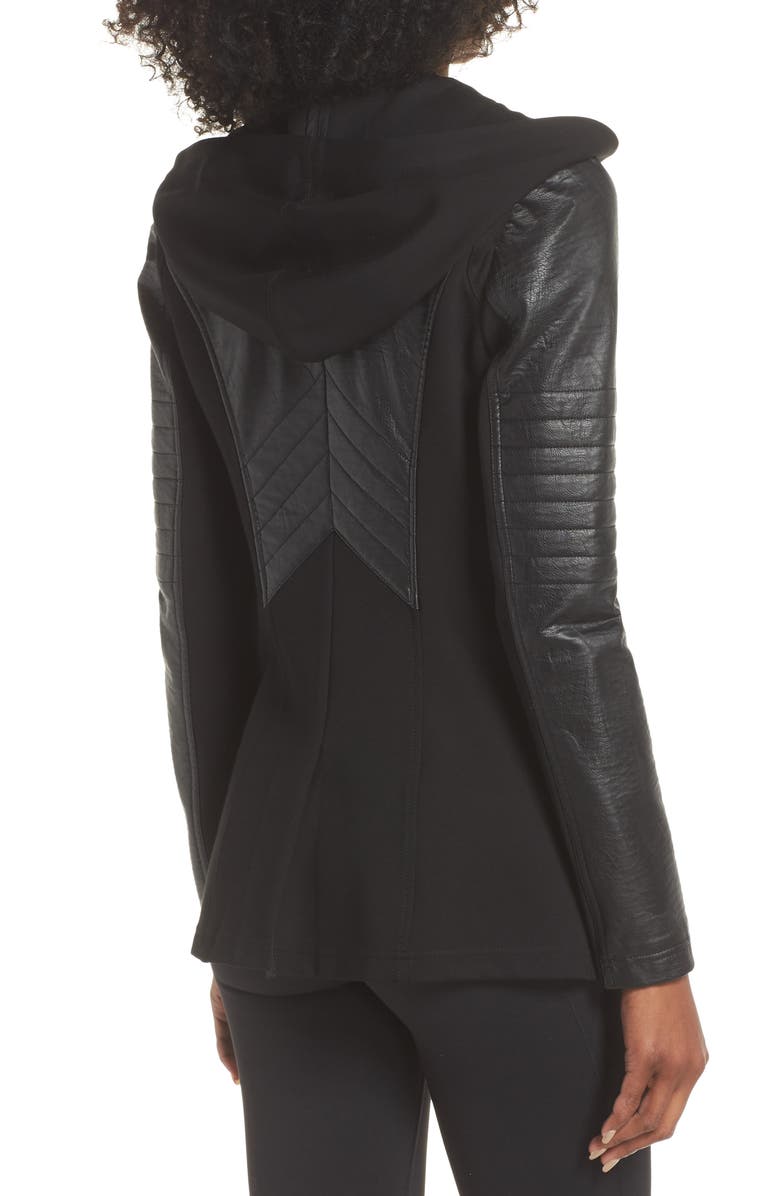 Blanc Noir Hooded Moto Blazer with Faux Leather Sleeves, Alternate, color,