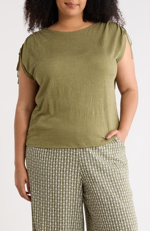 Ruched Shoulder Crinkle Knit Top