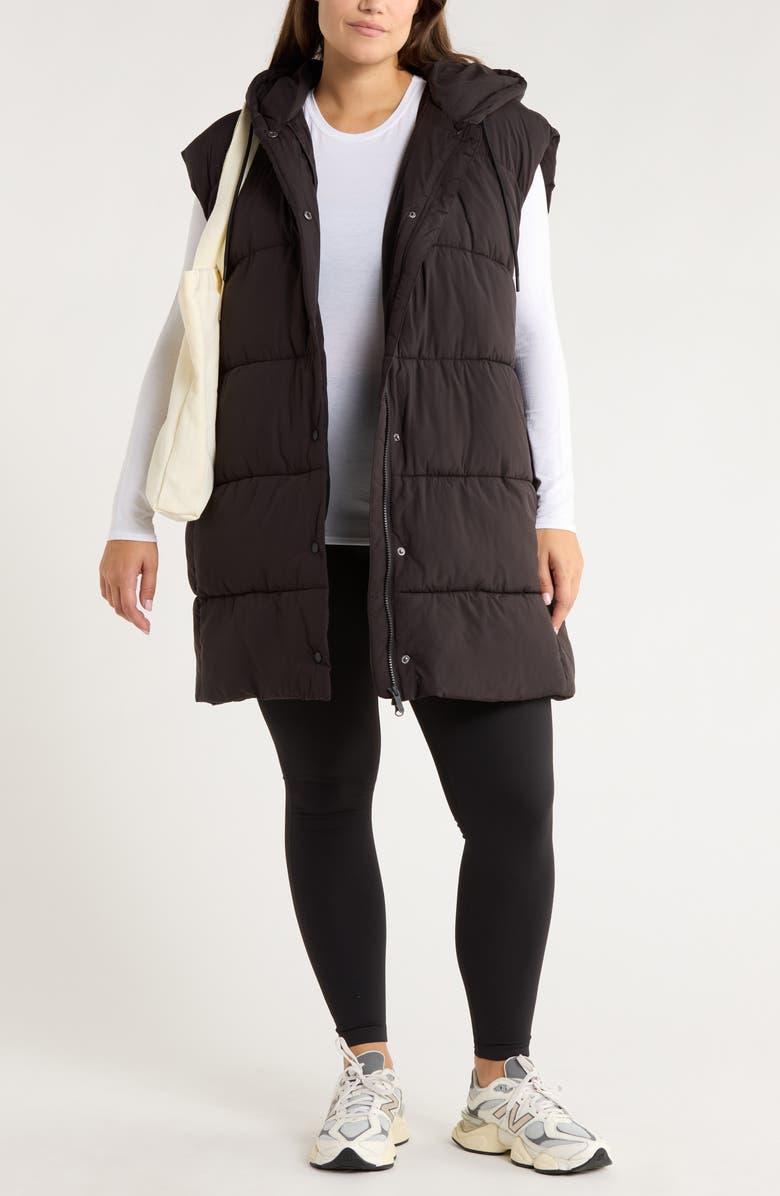 Zella Longline Hooded Puffer Vest, Alternate, color, Black
