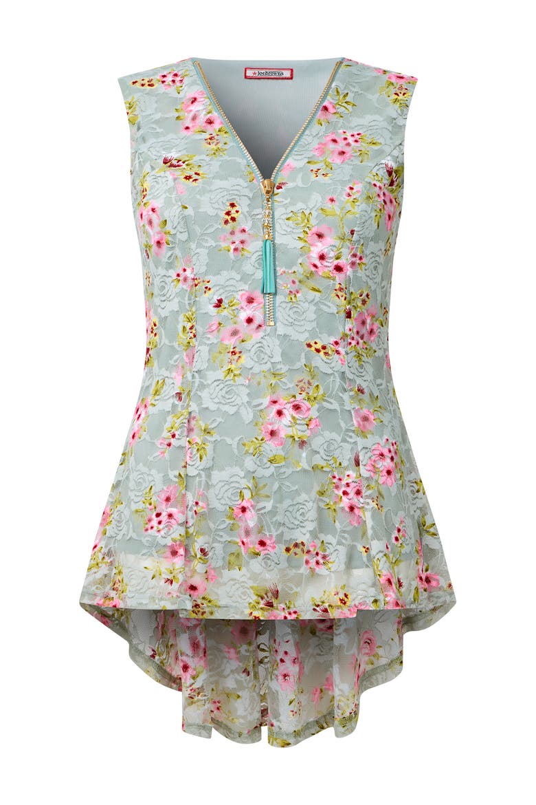 Zip Neck Sleeveless Lace Tunic, Alternate, color, DITSY FLORAL LACE