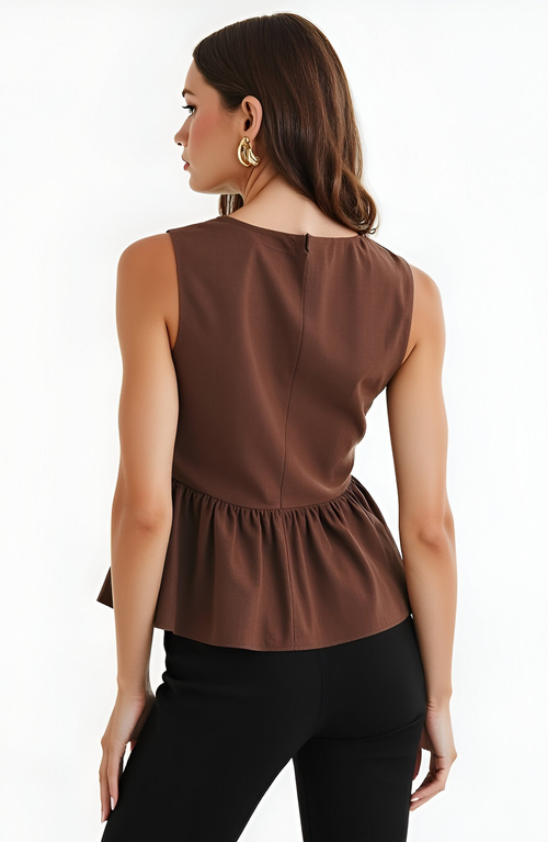 Modenaire Sleeveless Peplum Top With Asymmetric Pearl Button Front In Brown