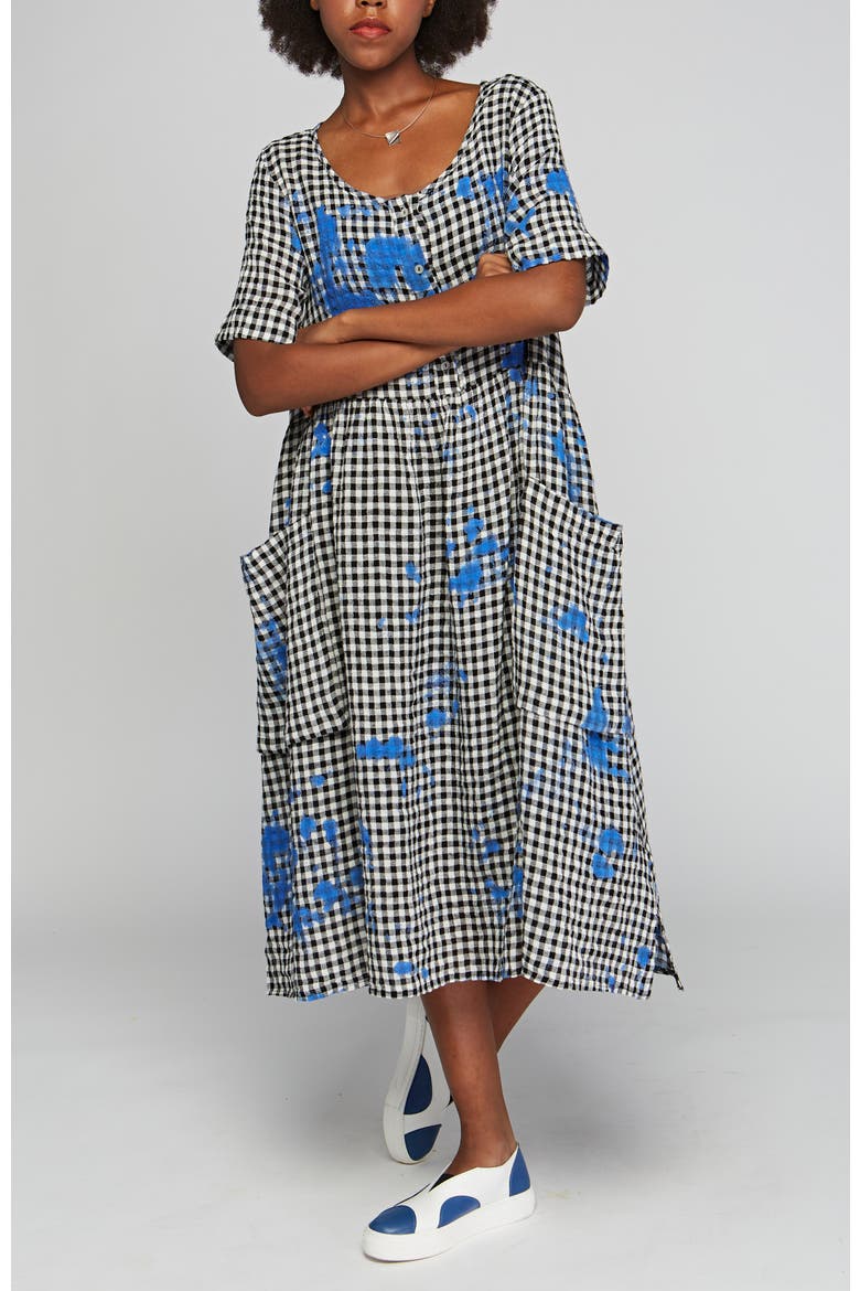Zane Checkered Gauze Linen Dress, Alternate, color, Blue