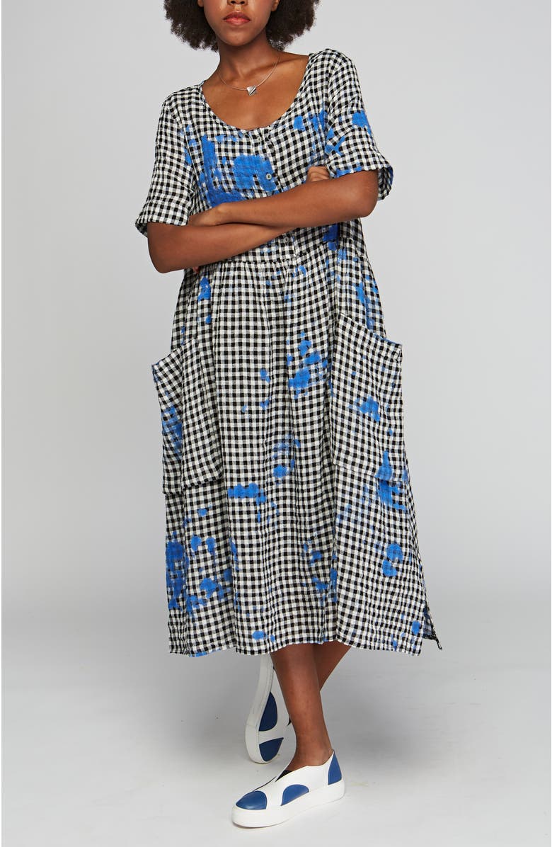 LUUKAA Zane Checkered Gauze Linen Dress, Alternate, color, Blue