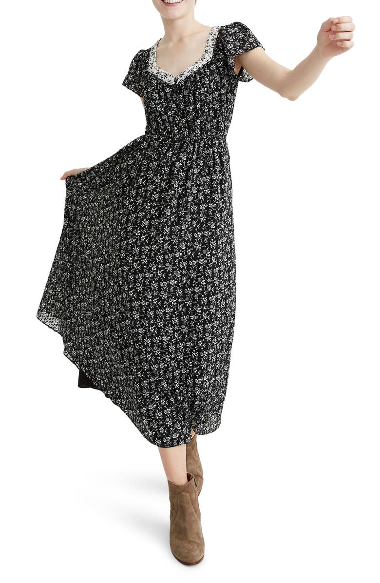 Madewell Sheer Sleeve Mixed Branch Floral Print Dress, Main, color, 