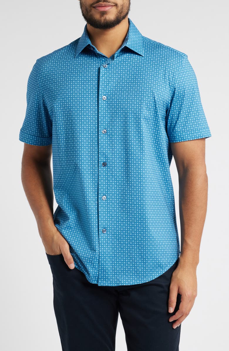 Bugatchi Miles OoohCotton<sup>®</sup> Floral Short Sleeve Button-Up Shirt, Main, color, Indigo