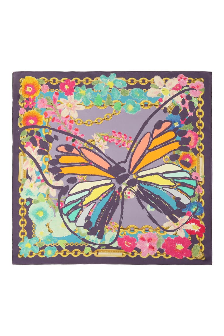 Floral Butterfly Square Silk Bandana, Main, color, RAINBOW