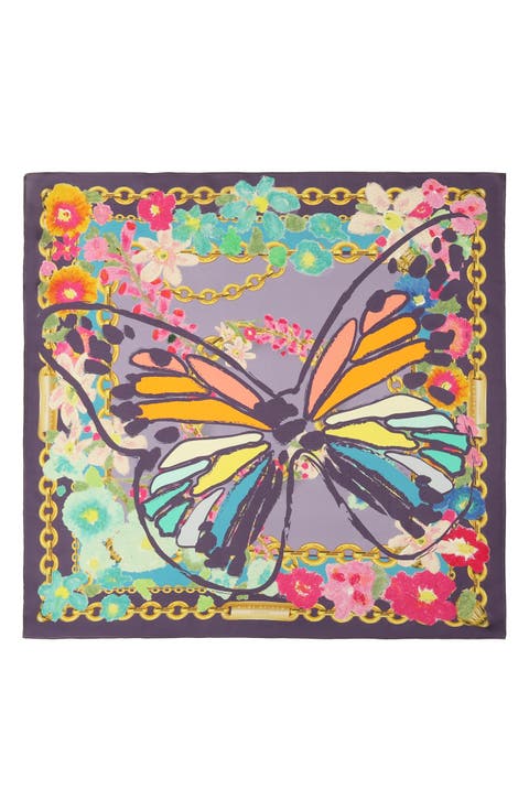 Floral Butterfly Square Silk Bandana