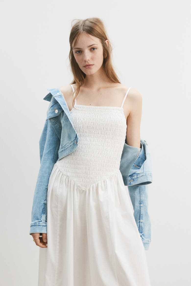 Smocked Flared-skirt Dress, Alternate, color, White