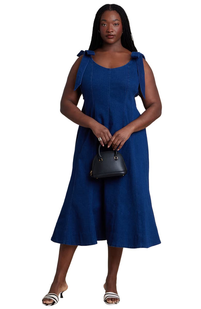 ELOQUII Denim Trumpet Dress, Main, color, Medium Wash