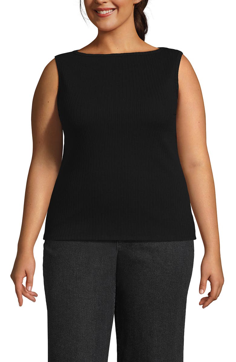 Lands
 End Sleeveless Pointelle Rib Boat Neck Tank, Main, color, Black