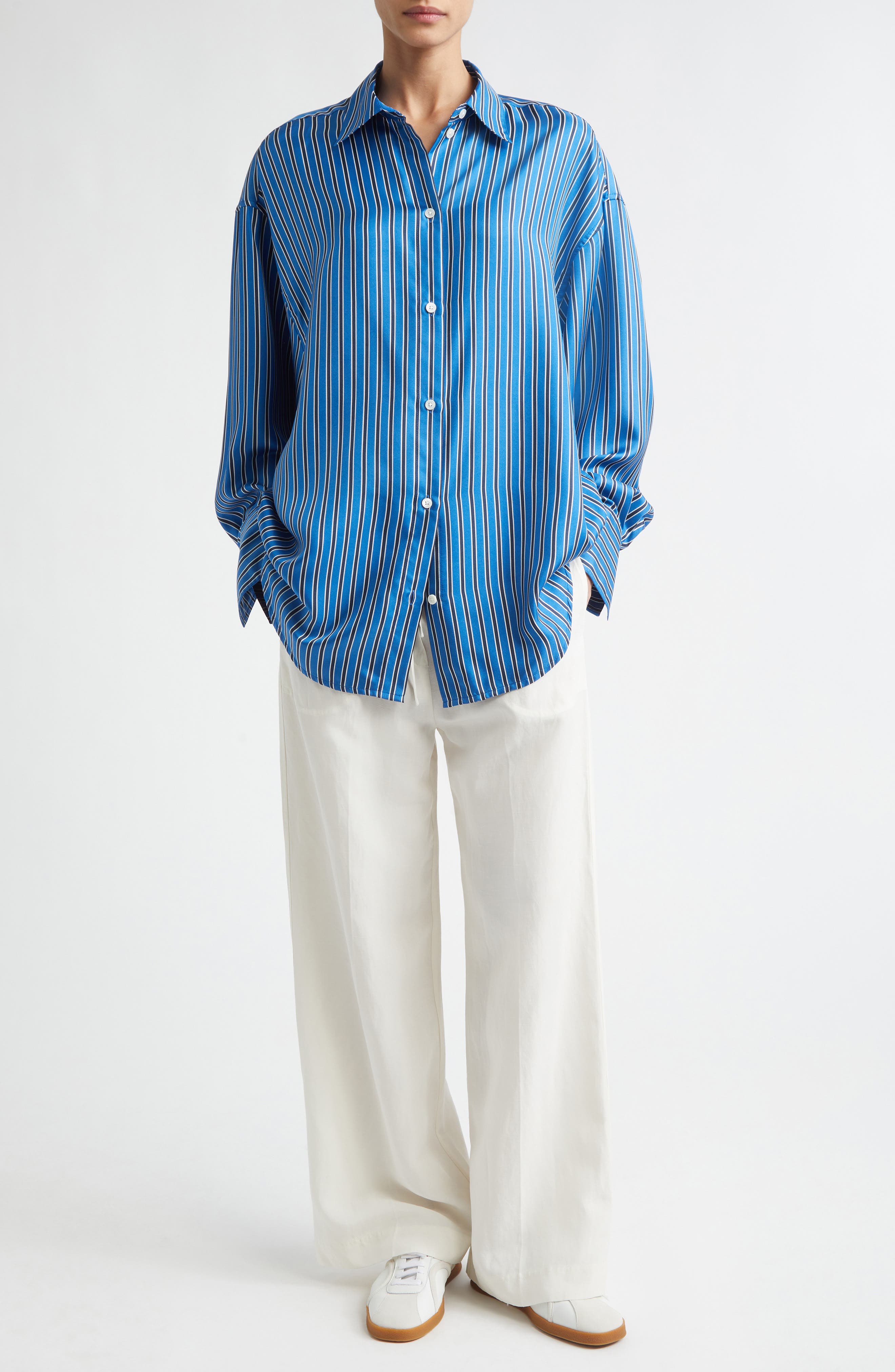 Oversize Stripe Silk Button-Up Shirt - image 4