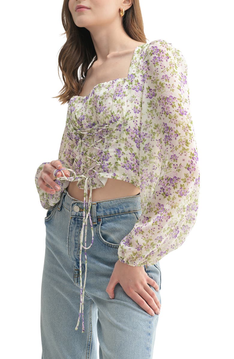Lush Floral Long Sleeve Corset Top, Alternate, color, Lilac Floral