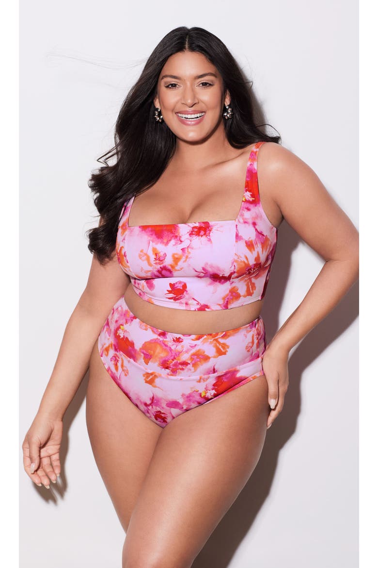 Supportive and Sculpting Square Neck Lace Back Midkini Swimsuit Top, Alternate, color, Pink Riviera Floral