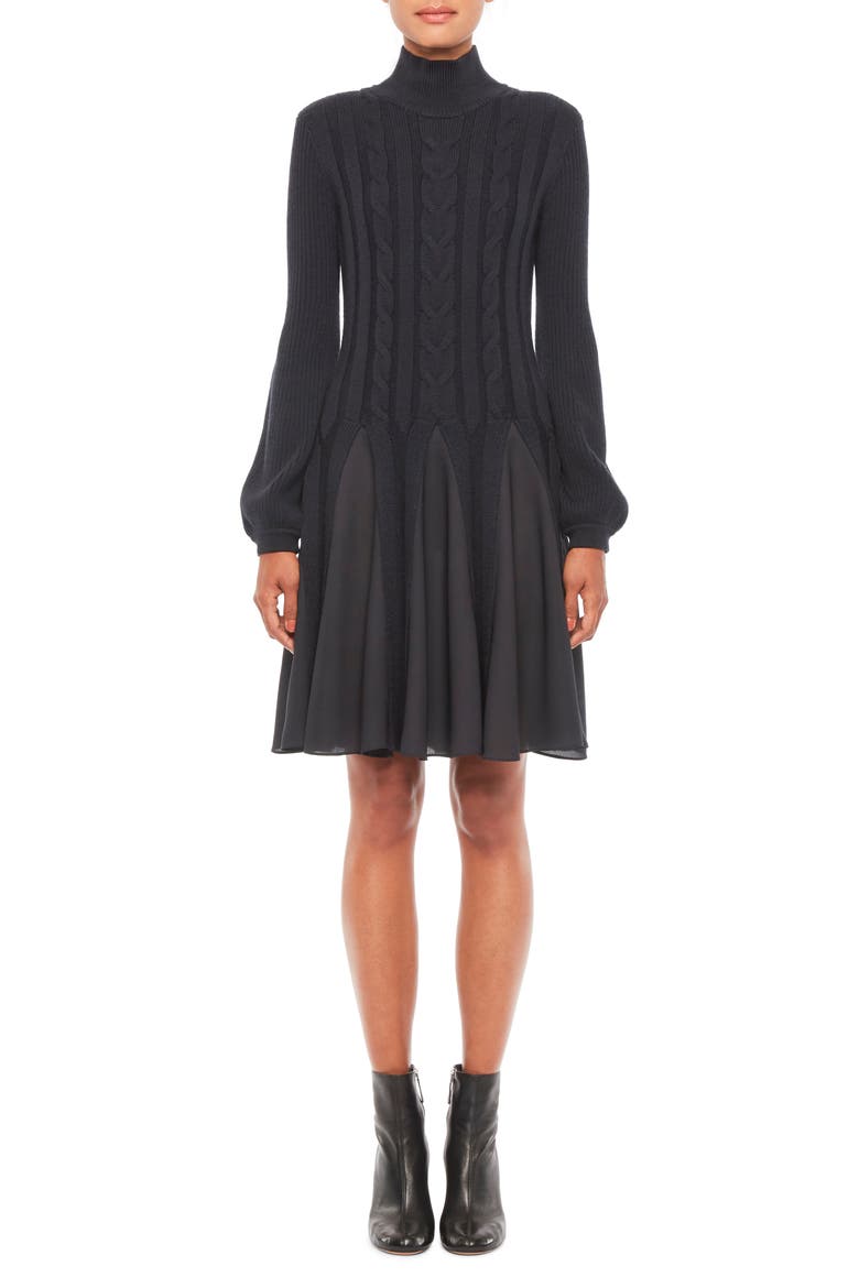 Mix Media Fit & Flare Sweater Dress, Main, color, NAVY BLUE