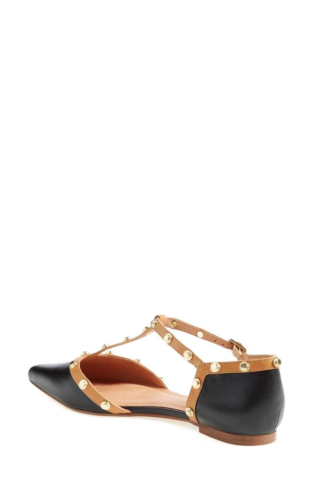 'Olson' Pointy Toe Studded T-Strap Flat (Nordstrom Exclusive), Alternate, color, BLACK LEATHER