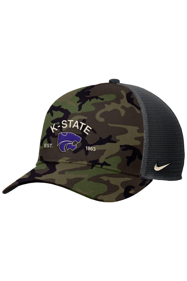 Men's Nike Camo Kansas State Wildcats 2025 Military Appreciation Rise Adjustable Trucker Hat, Main, color, Camo