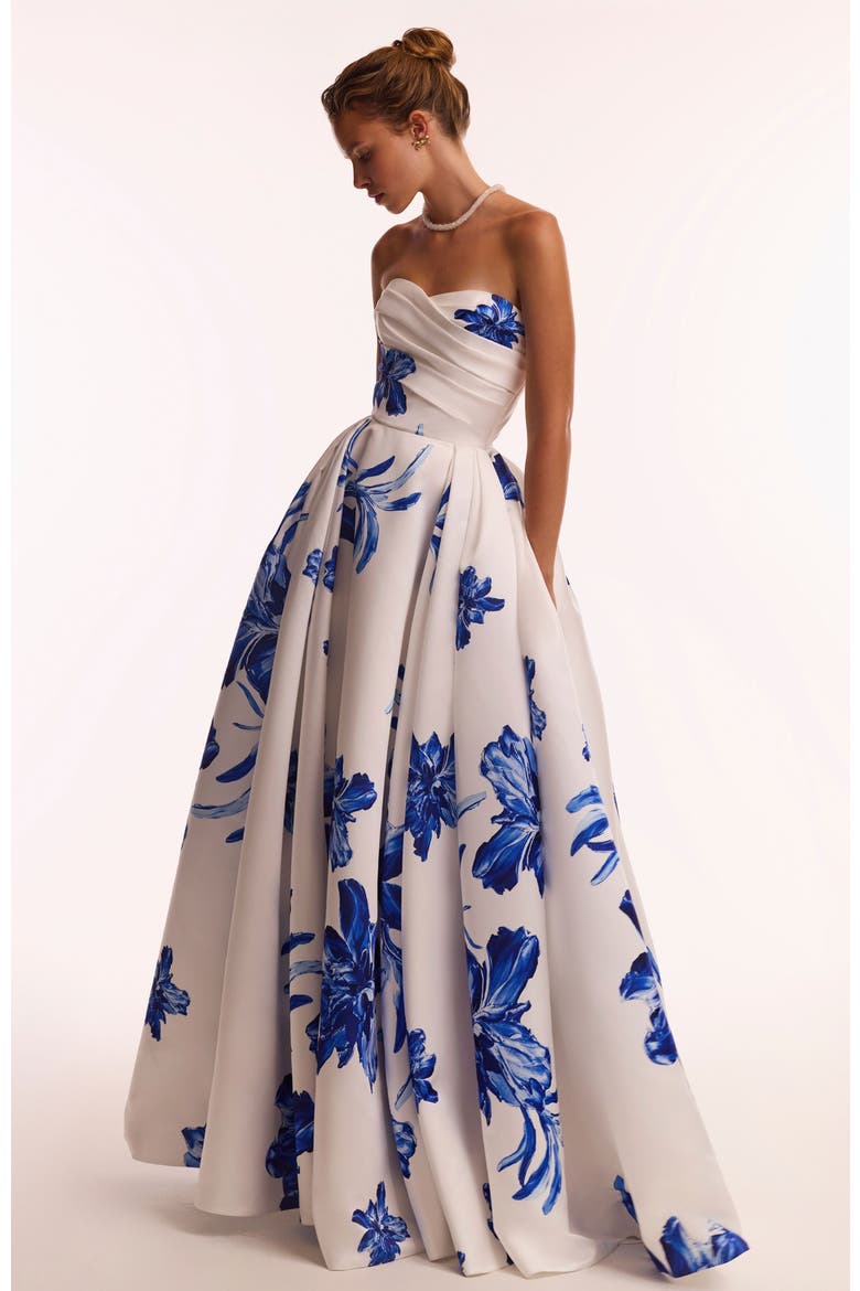 Strapless A-Line Floral Formal Occasion Maxi Dress in White & Blue, Alternate, color, White-Blue