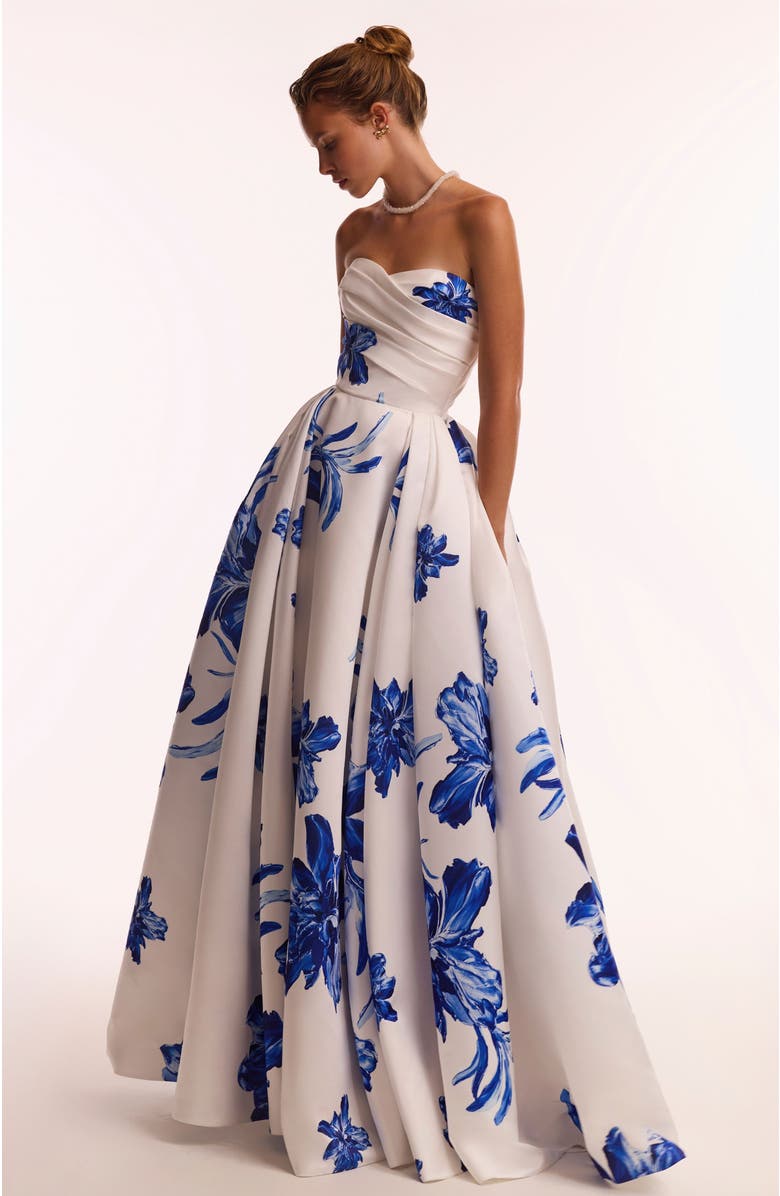 Milla Strapless A-Line Floral Formal Occasion Maxi Dress in White & Blue, Alternate, color, White-Blue