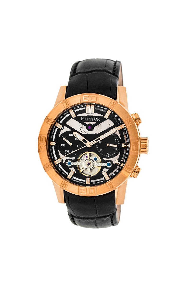 Heritor Automatic Hannibal Semi-Skeleton Leather-Band Watch, Main, color, Rose Gold/Black