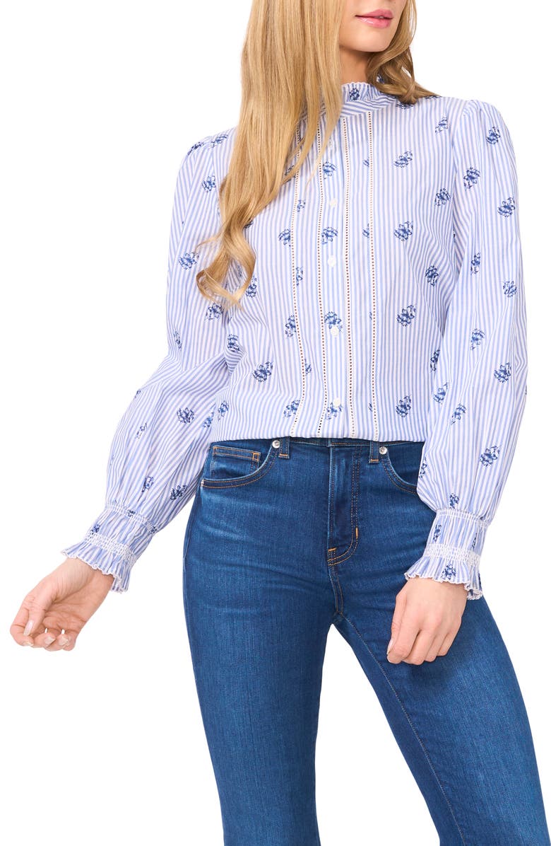 CeCe Ruffle Neck Long Sleeve Cotton Poplin Shirt, Main, color, 
