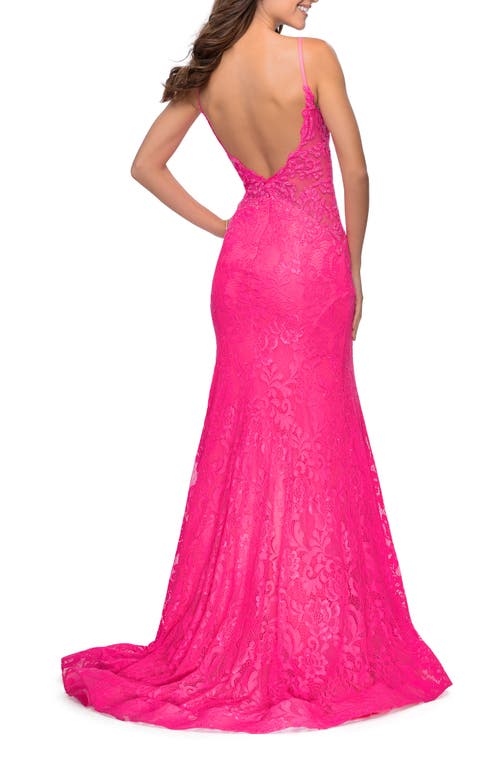 La Femme Long Mermaid Lace Dress With Back Rhinestone Detail In Neon Pink
