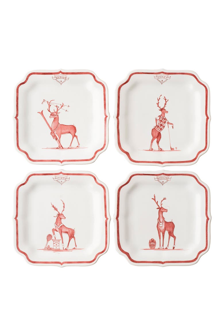 Reindeer Games Solo Sports Set of 4 Tidbit Plates, Main, color, RUBY